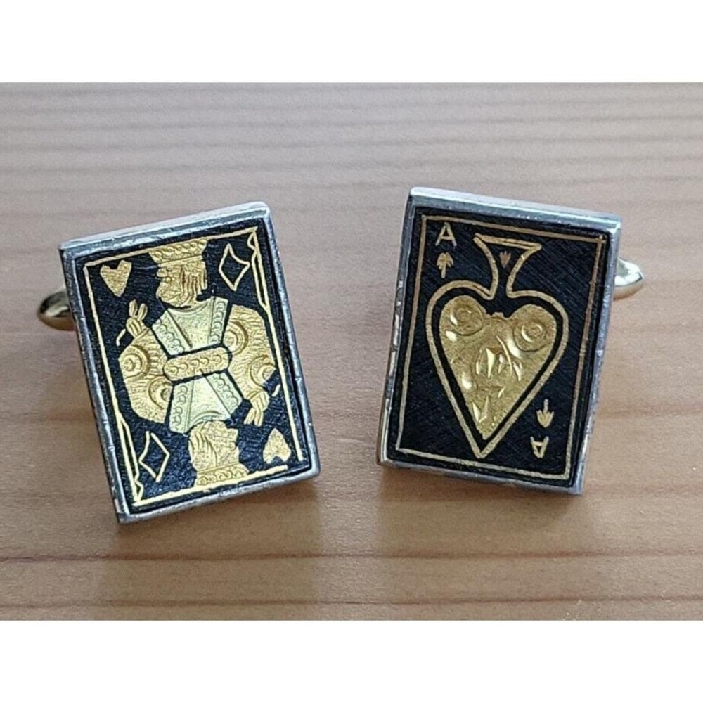 Swank Vintage Damascene King Ace Playing Card Poker Cufflinks Black Gold